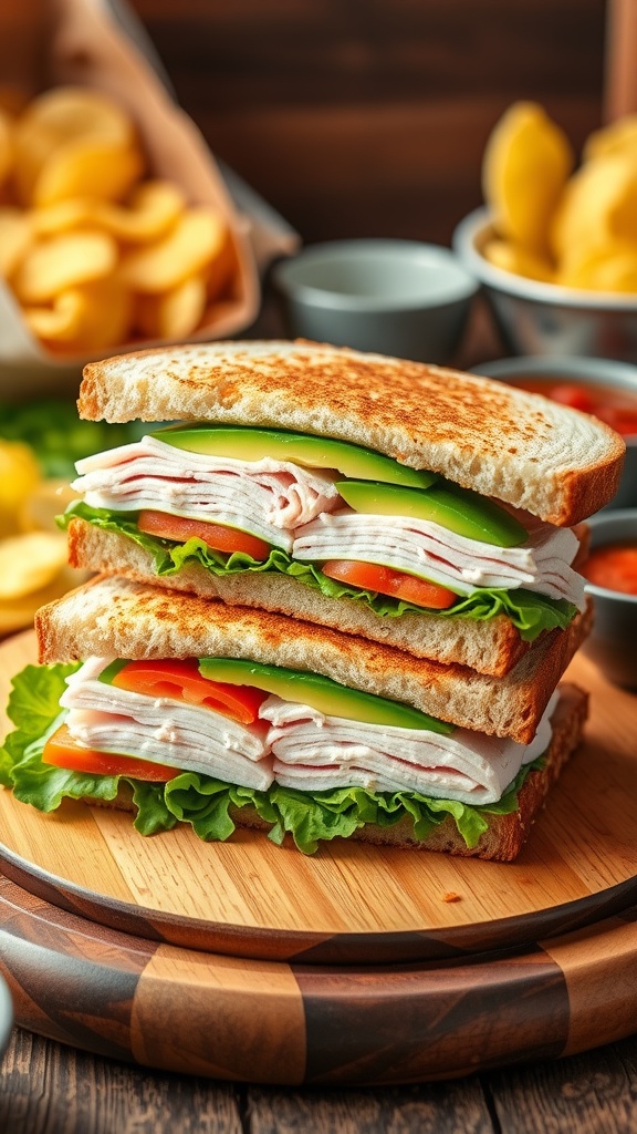 A hearty turkey avocado sandwich with lettuce and tomato on a wooden board, accompanied by chips.